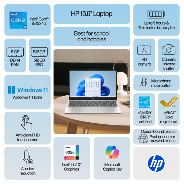 HP 15.6 inch Windows Touch Laptop Intel Core i5-1334U 8GB RAM 512GB SSD Natural Silver - Image 2