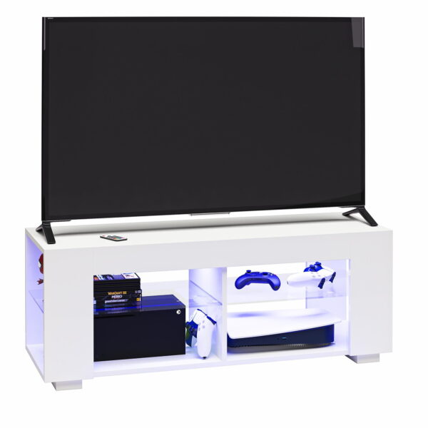 NTense LED TV Stand with Glass Shelves for TVs up to 55", White Gloss - Image 4