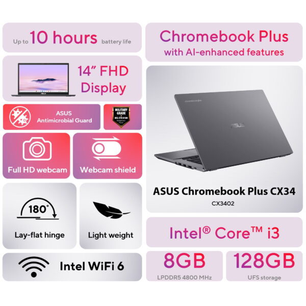 ASUS Chromebook Plus CX34 14 inch Touch Laptop with Google AI Intel Core i3-1315U 8GB RAM 128GB UFS Gray - Image 2
