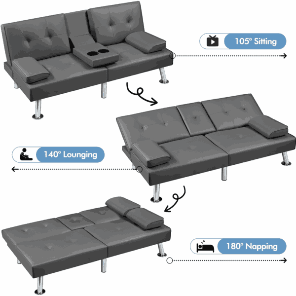 Renwick Modern Faux Leather Convertible Futon Sofa Bed with 2 Throw Pillows & Cup Holders, Gray - Image 5