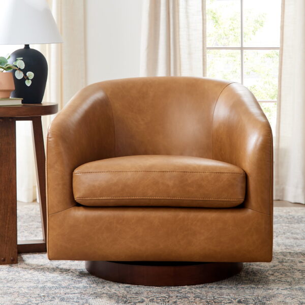 Better Homes & Gardens Bradford Wooden Base Swivel Accent Chair, Chestnut Faux Leather - Image 2