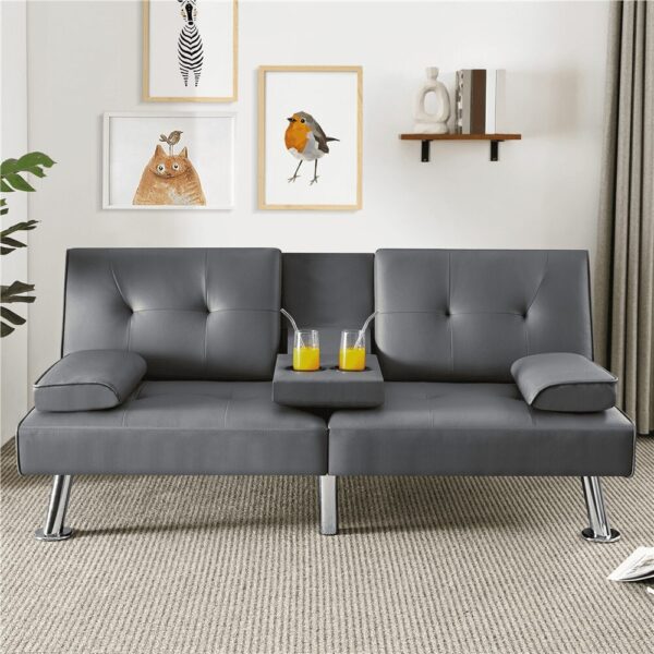 Renwick Modern Faux Leather Convertible Futon Sofa Bed with 2 Throw Pillows & Cup Holders, Gray - Image 2