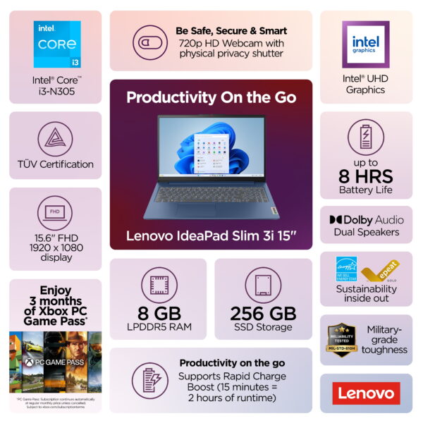 Lenovo IdeaPad Slim 3i 15.6" Laptop, Intel Core i3-N305, 8GB RAM, 256 SSD, Abyss Blue - Image 2