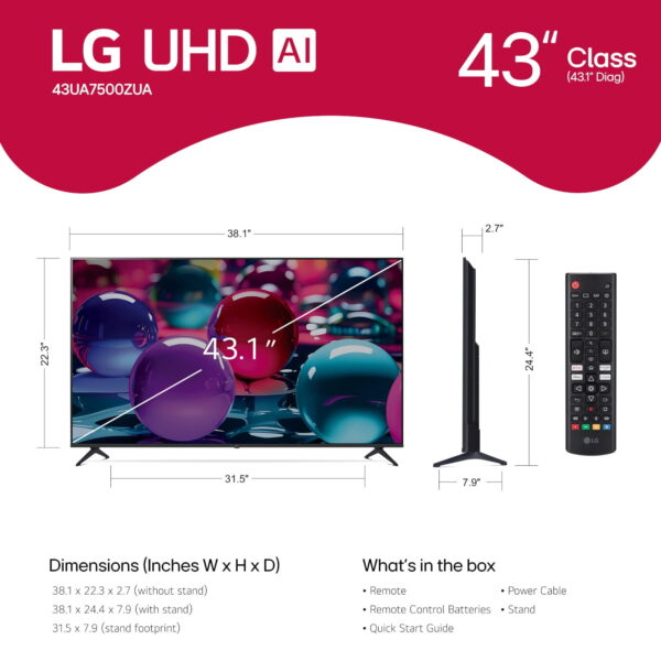 LG 43" 4K UHD UA75 AI Smart TV, 43UA7500 - Image 2