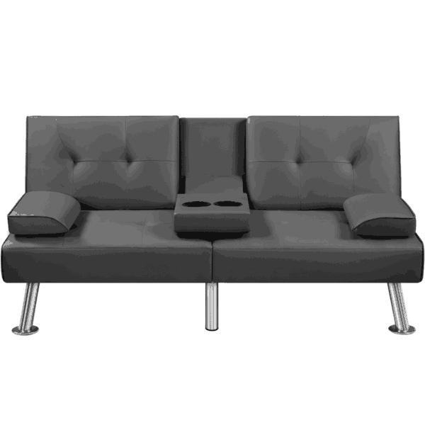 Renwick Modern Faux Leather Convertible Futon Sofa Bed with 2 Throw Pillows & Cup Holders, Gray - Image 3
