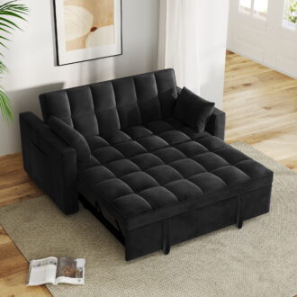 AENKYO Convertible Pull-Out Loveseat Sleeper Sofa Bed for Living Room, Modern Upholstered Futon in Black