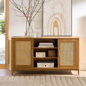 Better Homes & Gardens Springwood Cane TV Stand for TV's up to 65", Light Honey Finish