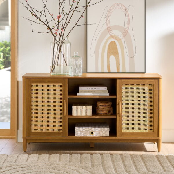 Better Homes & Gardens Springwood Cane TV Stand for TV's up to 65", Light Honey Finish