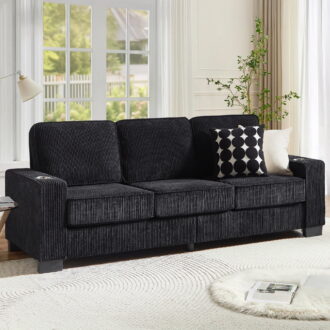 Dinosisco 83.9" Corduroy Sofa with Cup Holders, Modern 3-Seater Couch for Living Room, Black