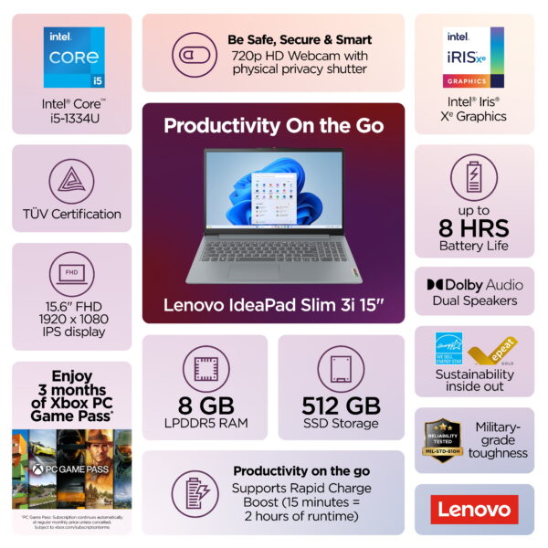 Lenovo IdeaPad Slim 3i 15.6" Laptop, 15.6", Intel Core i5-1334U, 8GB, 512 SSD, 82X700EDUS - Image 2