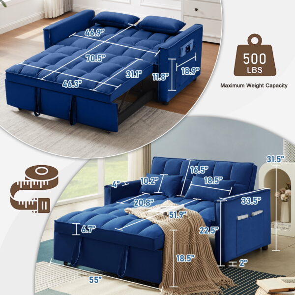 Momspeace Loveseat Convertible Sleeper Sofa Bed, Blue - Image 7