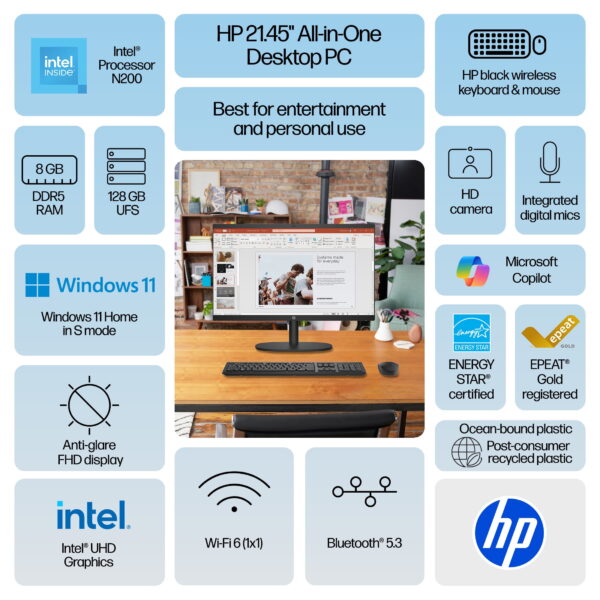 HP 21.45 inch All-in-One Desktop FHD Display Intel Pentium 8G/128SSD Windows 11 Home in S Mode Jet Black - Image 2
