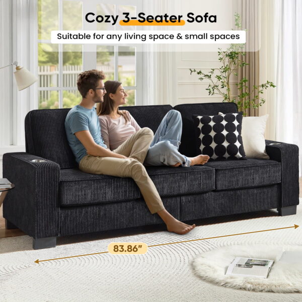 Dinosisco 83.9" Corduroy Sofa with Cup Holders, Modern 3-Seater Couch for Living Room, Black - Image 5