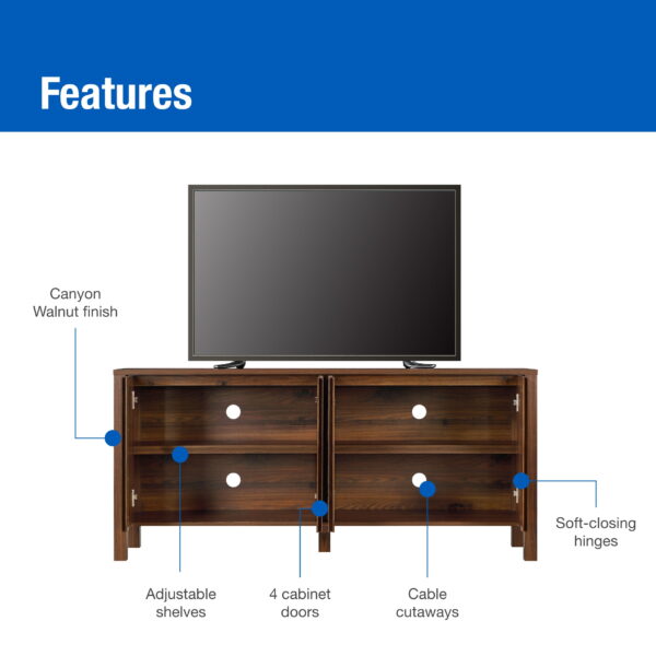 Mainstays 4-Door TV Console for TV’s up to 65”, Canyon Walnut Finish - Image 2