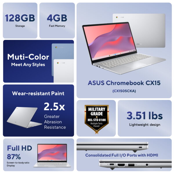ASUS CX15 15.6 inch FHD IPS Chromebook Laptop Intel Celeron N4500 4GB RAM 128GB eMMC Pure Gray - Image 2