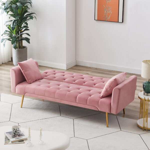 71 Inches Velvet Futon Sofa Bed with 2 Pillows,Modern Convertible Futon Couch with Adjustable Backrest,Pink - Image 3