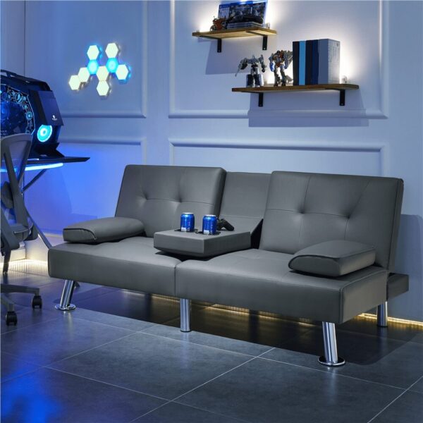 Renwick Modern Faux Leather Convertible Futon Sofa Bed with 2 Throw Pillows & Cup Holders, Gray - Image 4