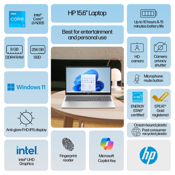 HP 15.6 inch FHD IPS Windows Laptop Intel Core i3-N305 8GB RAM 256GB PCIe NVMe SSD Natural Silver - Image 2