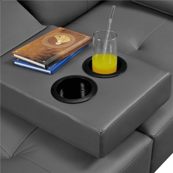 Renwick Modern Faux Leather Convertible Futon Sofa Bed with 2 Throw Pillows & Cup Holders, Gray - Image 7
