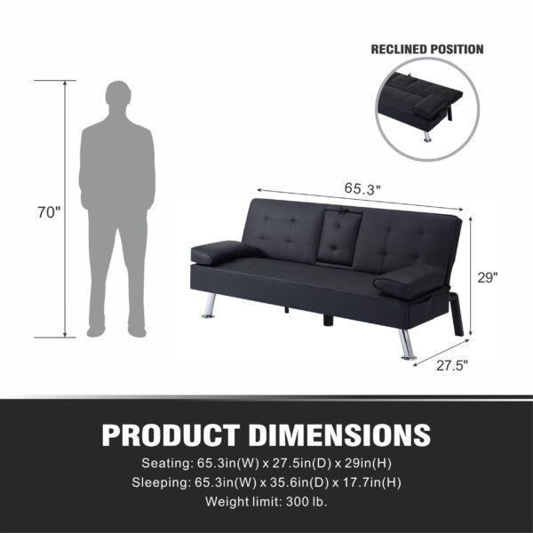 Gewnee Modern Futon Sleeper Sofa Bed Convertible Folding Recliner Couch Furniture with 2 Cup Holders for Livin g Room - Image 3